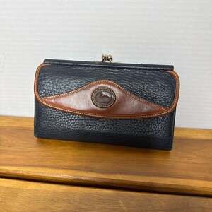 Vintage Dooney & Bourke All Weather Leather Wallet Navy & Tan Kiss Lock
